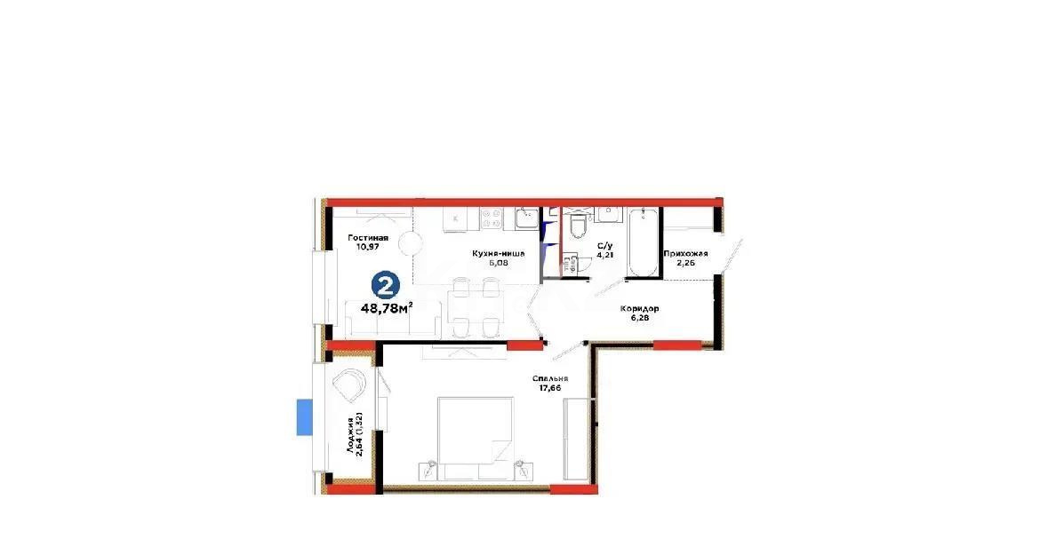 Продажа 2-комнатной квартиры, 48.78 м² в Астане