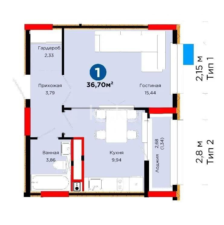Продажа 1-комнатной квартиры, 36.7 м² в Астане