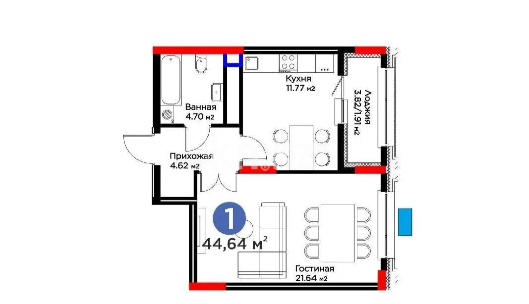 Продажа 1-комнатной квартиры, 44.64 м² в Астане