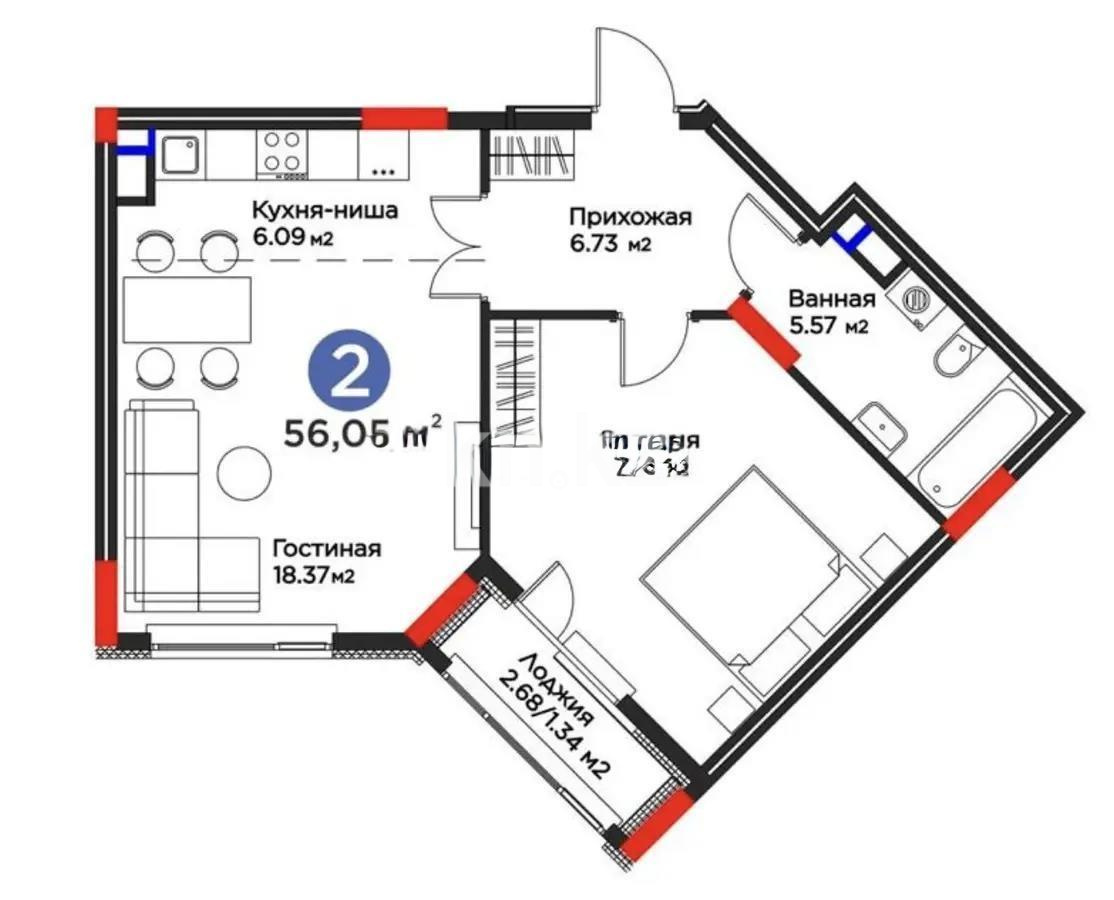 Продажа 2-комнатной квартиры, 56 м² в Астане