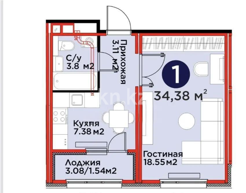 Продажа 1-комнатной квартиры, 34.4 м² в Астане - фото 4