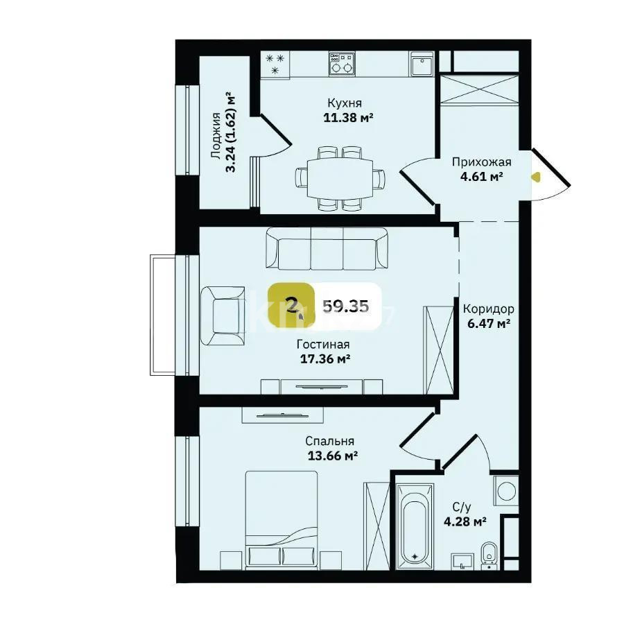 Продажа 2-комнатной квартиры, 59 м² в Алматы