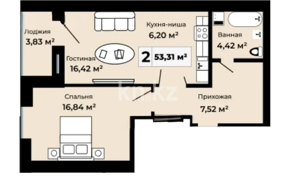 Продажа 2-комнатной квартиры, 53.31 м² в Астане