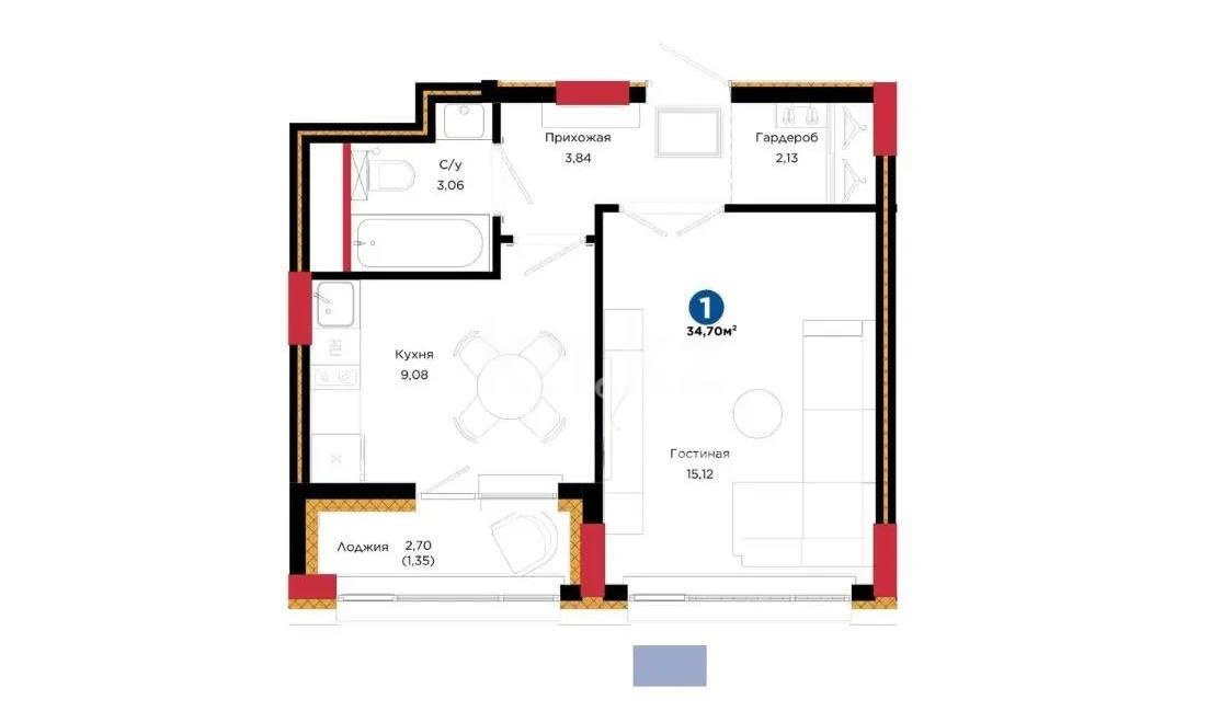 Продажа 1-комнатной квартиры, 34.7 м² в Астане
