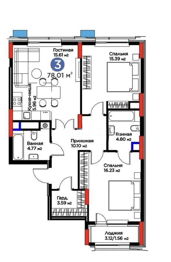 Продажа 3-комнатной квартиры, 78.14 м² в Астане