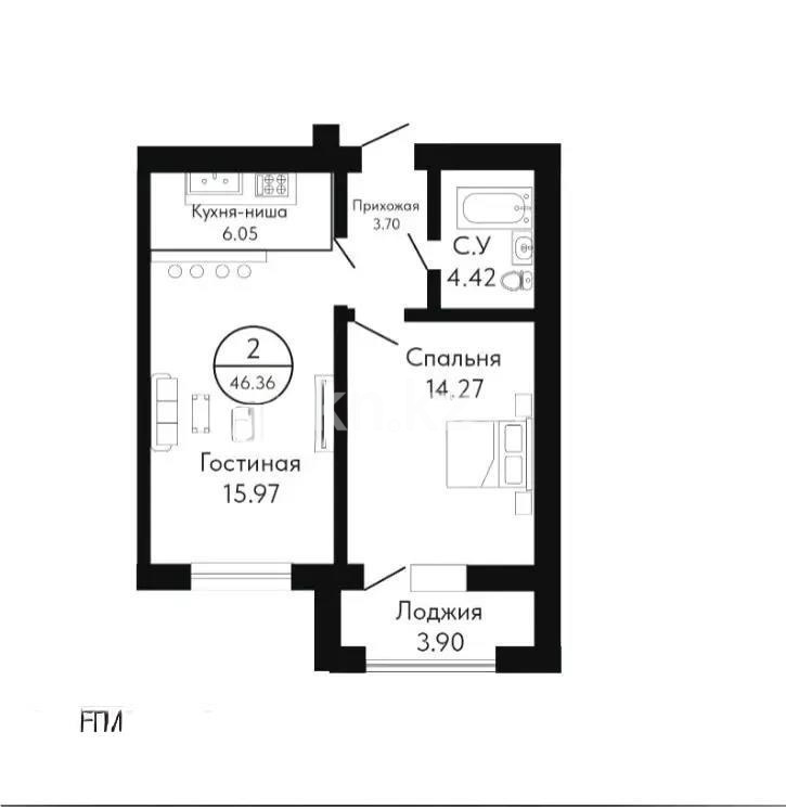 Продажа 1-комнатной квартиры, 46.36 м², ул. Масаты, дом  36 стр в Астане