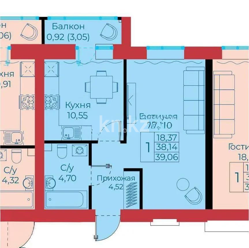 Продажа 1-комнатной квартиры, 39 м² в Астане