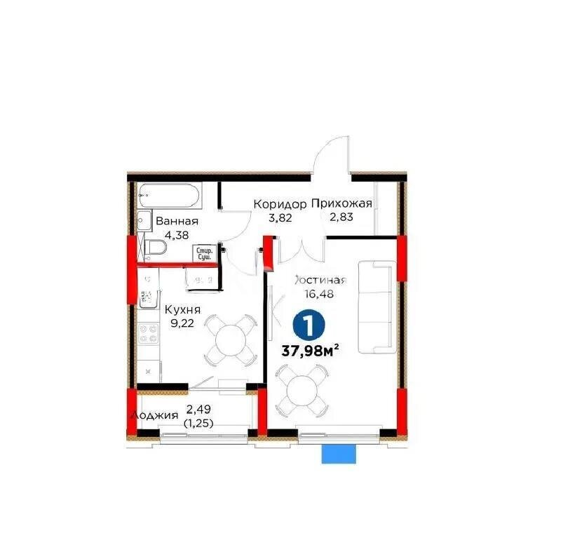 Продажа 1-комнатной квартиры, 37.98 м² в Астане