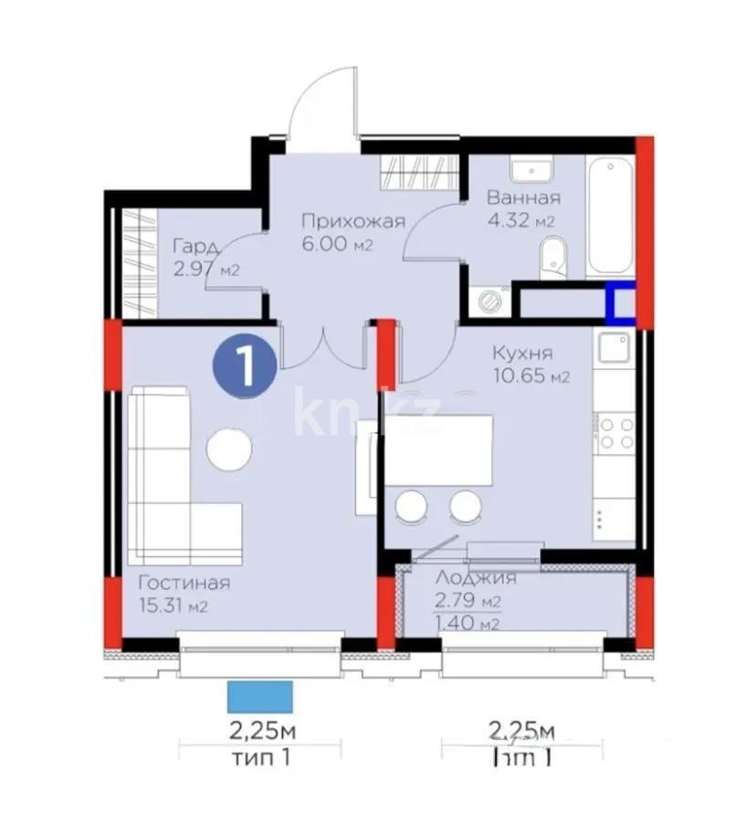 Продажа 1-комнатной квартиры, 40.6 м², пр. Туран, дом  57/6 в Астане