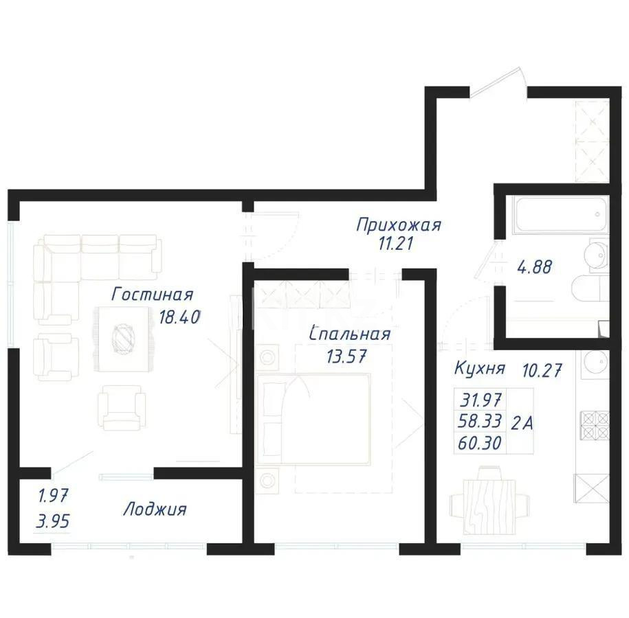 Продажа 2-комнатной квартиры, 60.3 м² в Астане