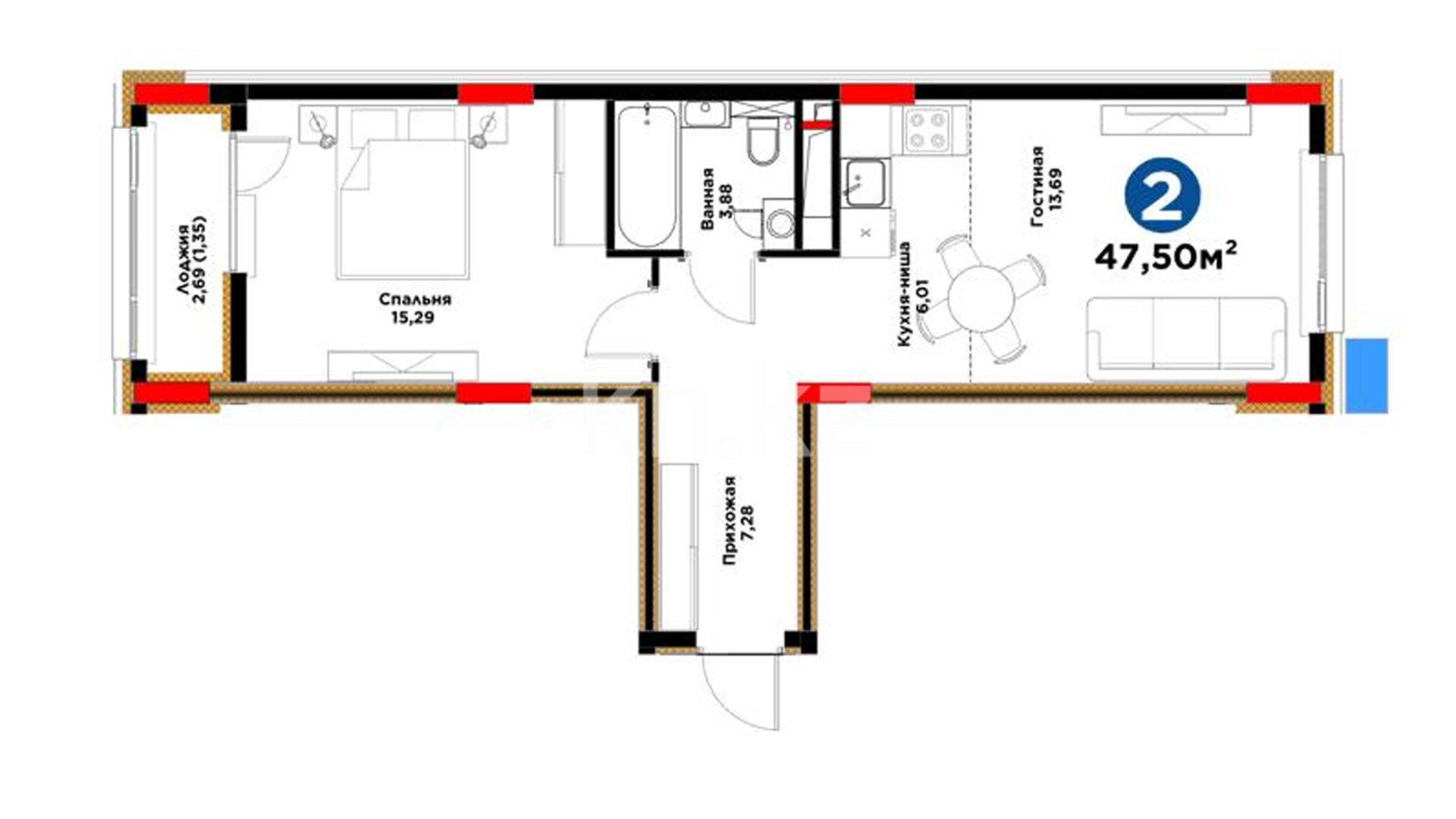ЖК Bosaga, 2-комнатная, цена 29 307 500 ₸, 617 000 ₸&nbsp;/&nbsp;м²