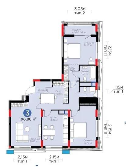 Продажа 3-комнатной квартиры, 96.88 м² в Астане