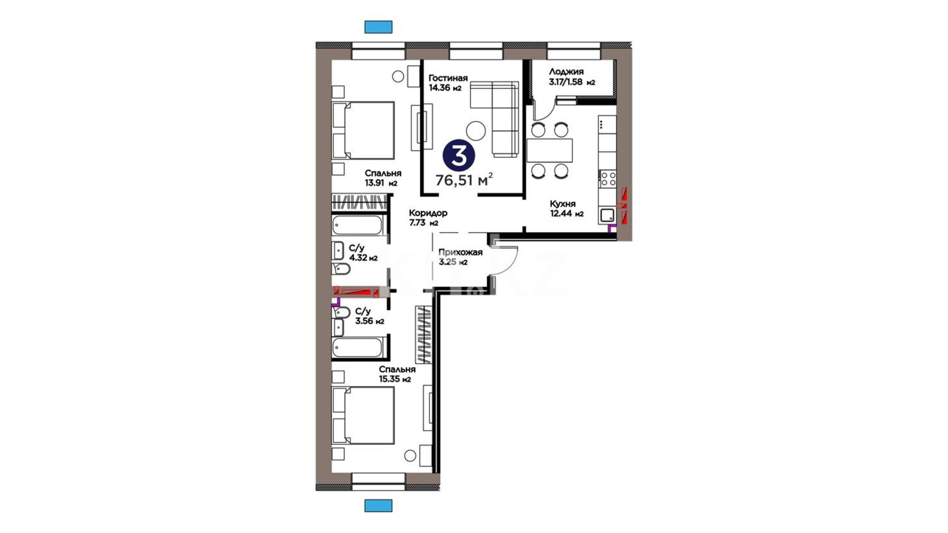 ЖК ŪIA. TARIH, 3-комнатная, цена 40 645 937 ₸, 531 250 ₸&nbsp;/&nbsp;м²