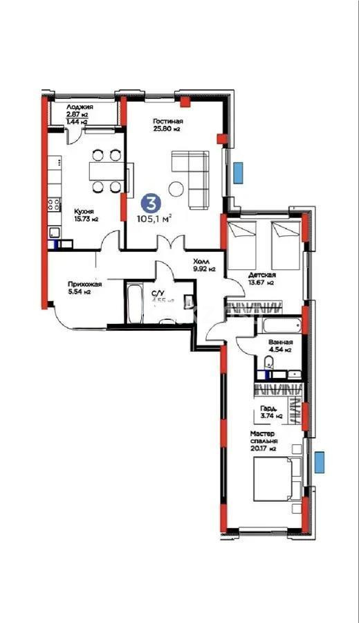 Продажа 3-комнатной квартиры, 105.1 м² в Астане