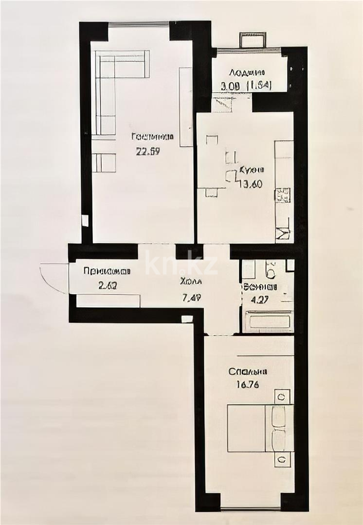 Продажа 2-комнатной квартиры, 68.87 м² в Астане