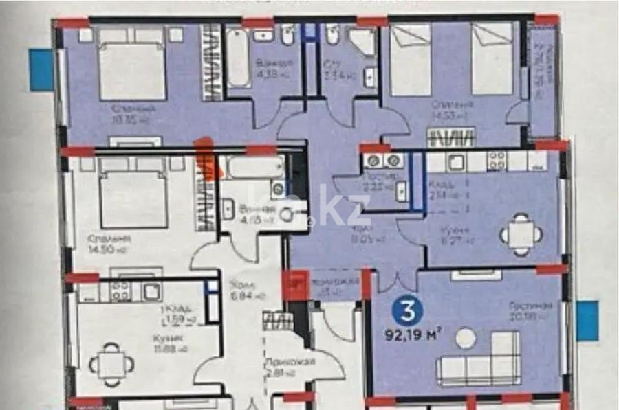 Продажа 3-комнатной квартиры, 92.19 м² в Астане