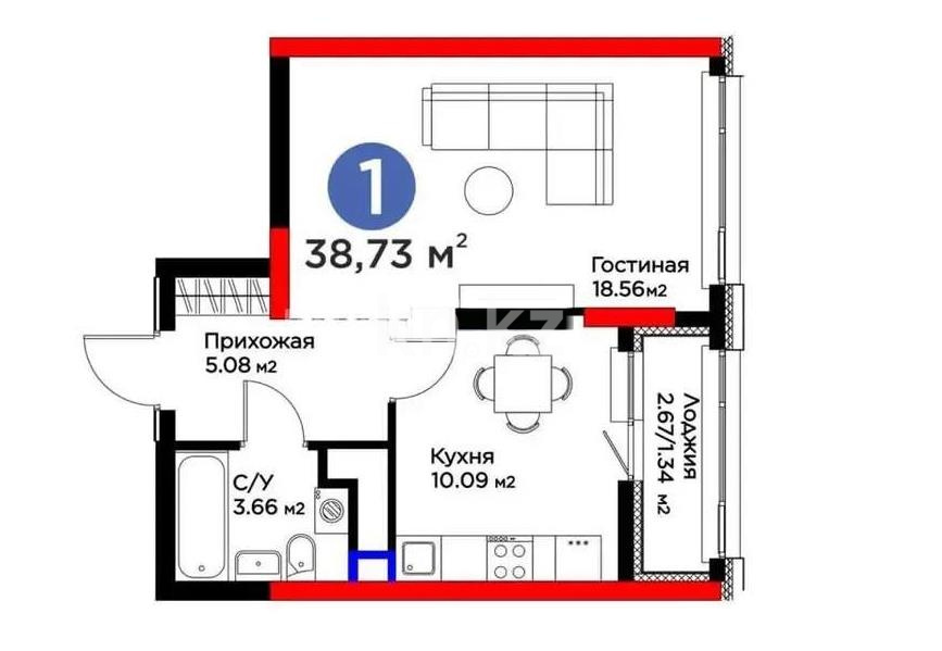 Продажа 1-комнатной квартиры, 38.73 м² в Астане