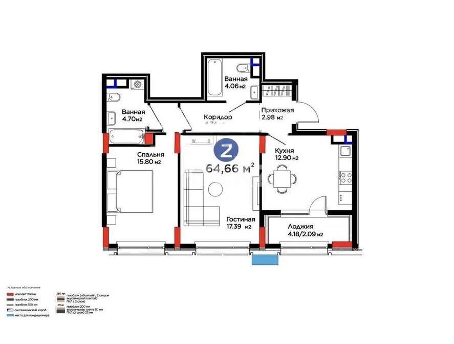 Продажа 2-комнатной квартиры, 64.66 м² в Астане