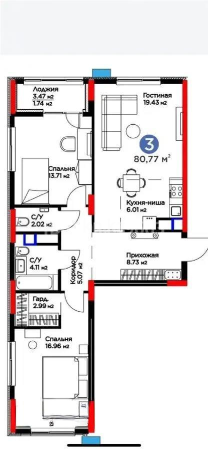 Продажа 3-комнатной квартиры, 81 м² в Астане