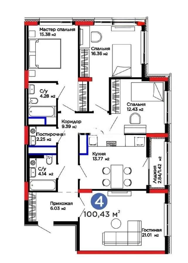 Продажа 4-комнатной квартиры, 100.43 м² в Астане