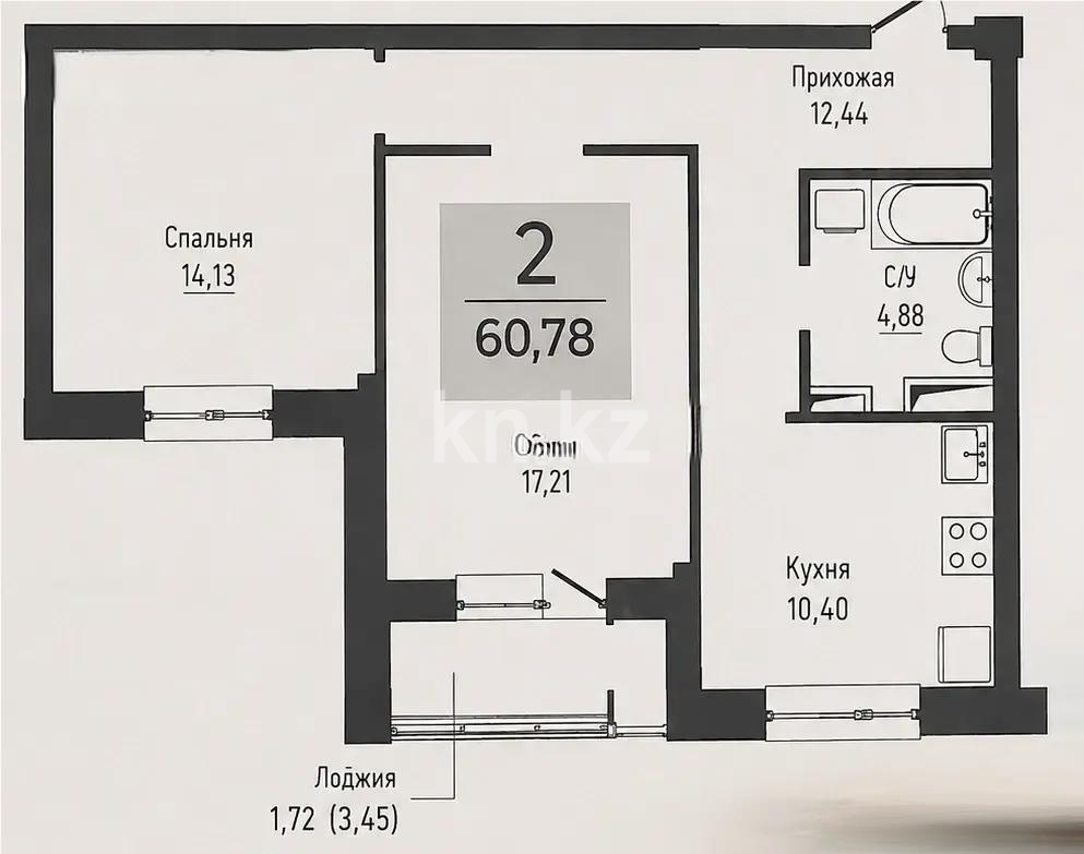 Продажа 2-комнатной квартиры, 60.78 м² в Астане