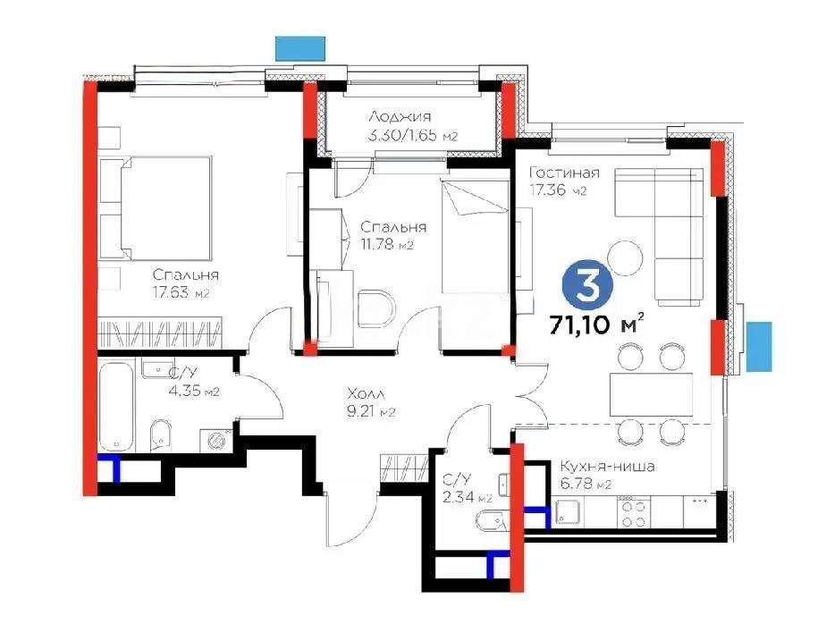 Продажа 3-комнатной квартиры, 71.1 м², ул. Нурмагамбетова, дом  17 стр в Астане