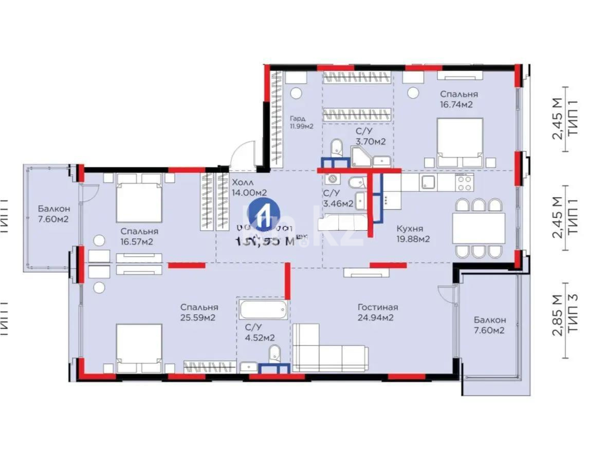 Продажа 4-комнатной квартиры, 151.95 м², ул. Култобе, дом  1/22 в Алматы