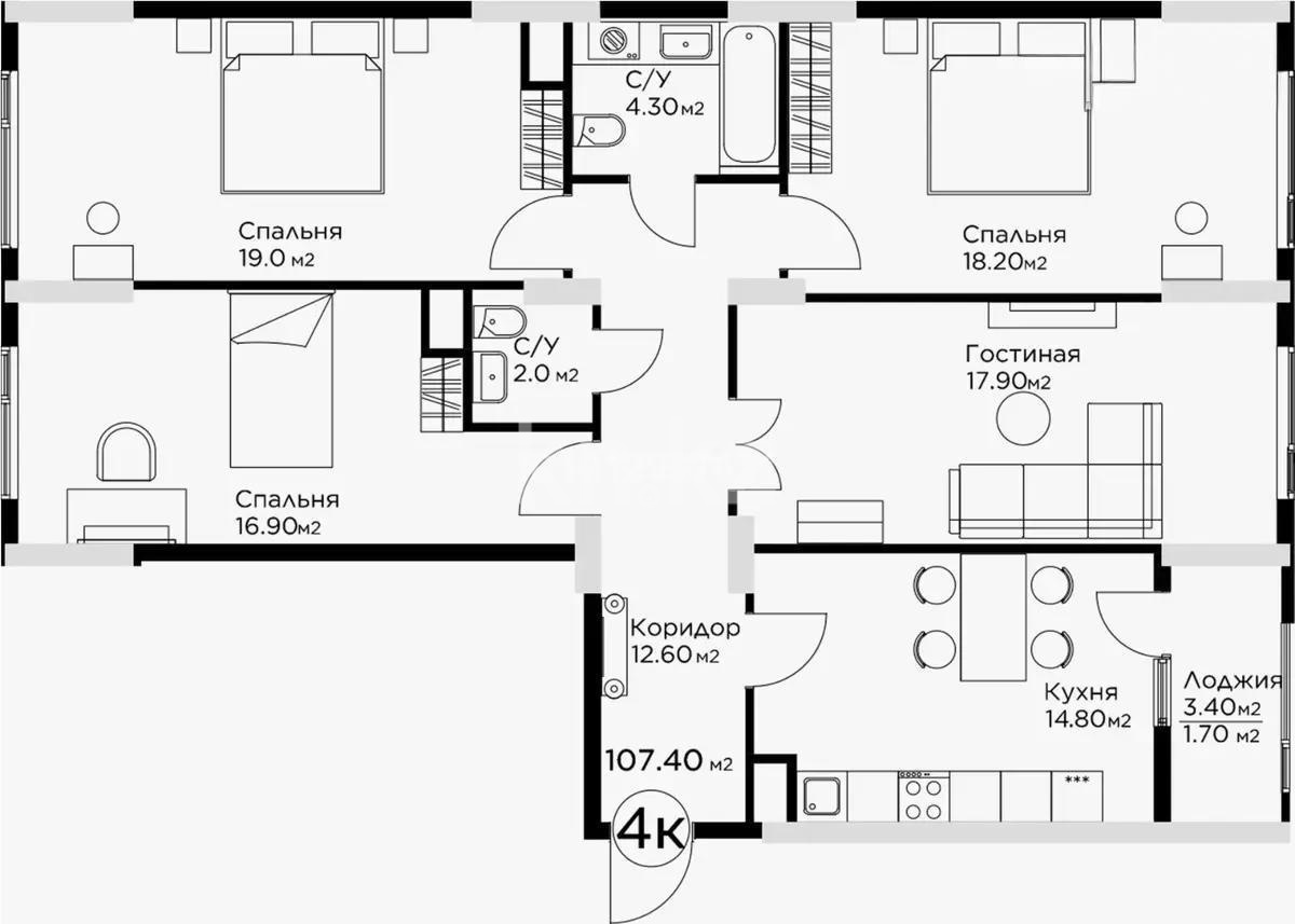Продажа 4-комнатной квартиры, 107.4 м² в Астане