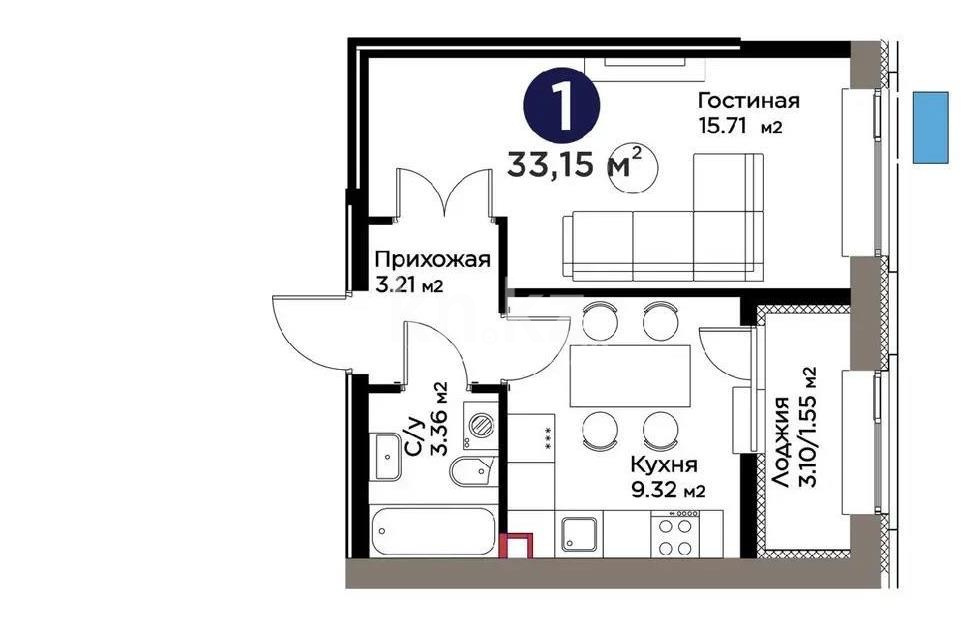 Продажа 1-комнатной квартиры, 33.15 м² в Астане
