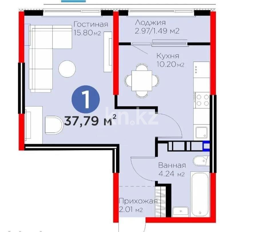 Продажа 1-комнатной квартиры, 37.79 м² в Алматы - фото 2