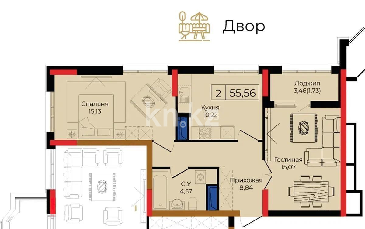 Продажа 2-комнатной квартиры, 56 м² в Астане