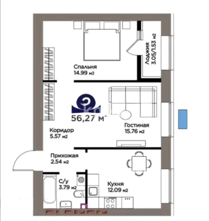 Продажа 2-комнатной квартиры, 56.27 м² в Астане