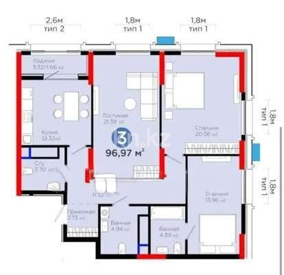 Продажа 3-комнатной квартиры, 96.97 м² в Астане