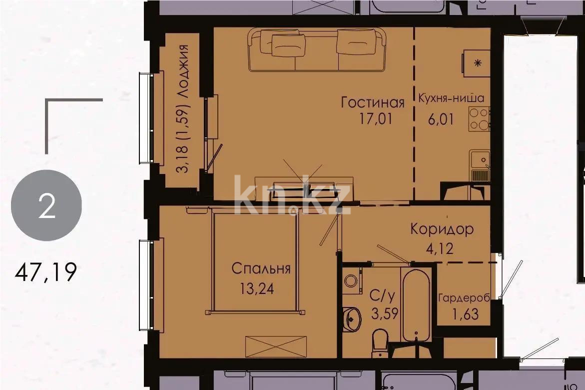 Продажа 1-комнатной квартиры, 47.19 м² в Астане