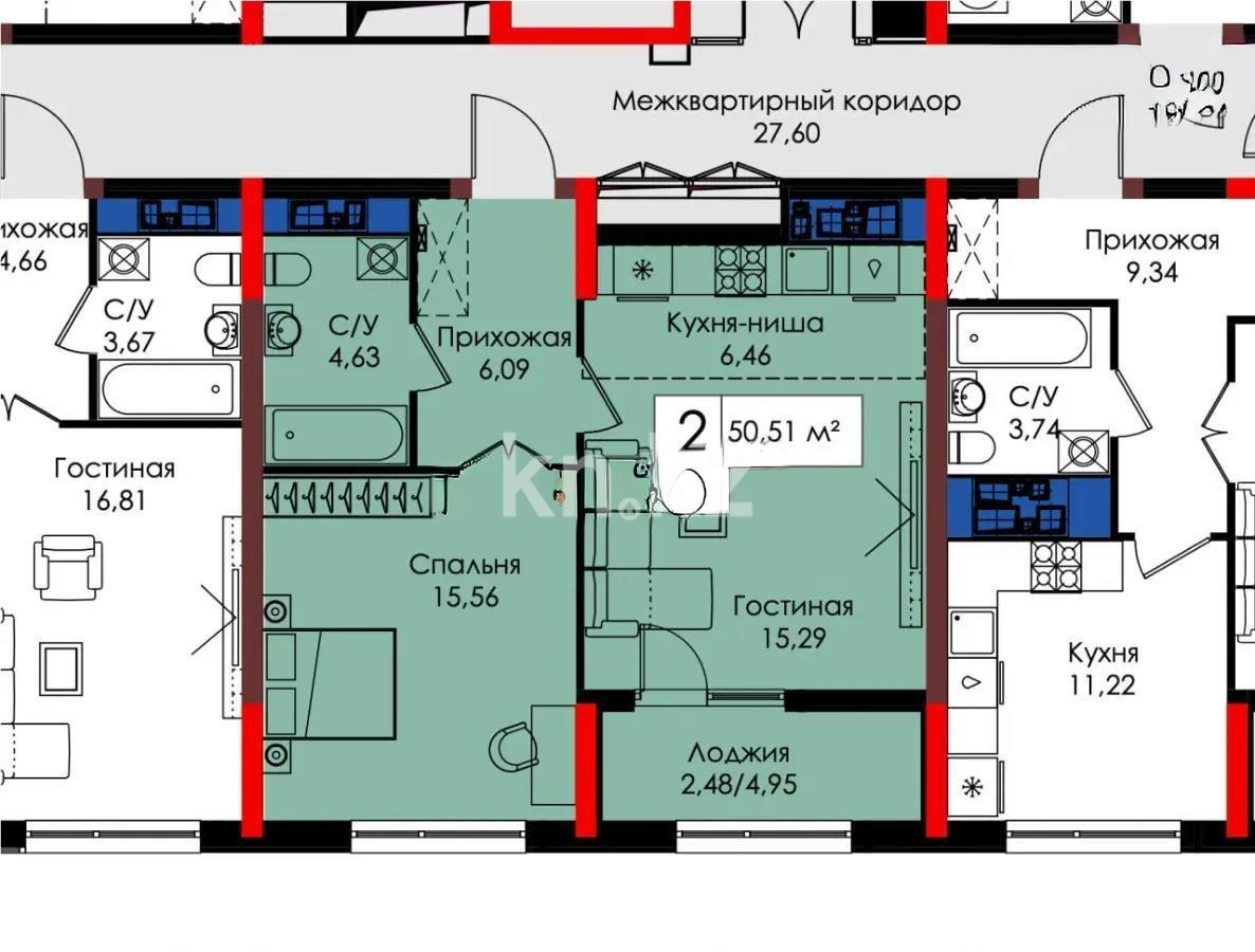 Продажа 2-комнатной квартиры, 50.51 м², пр. Улы Дала, дом  25 в Астане