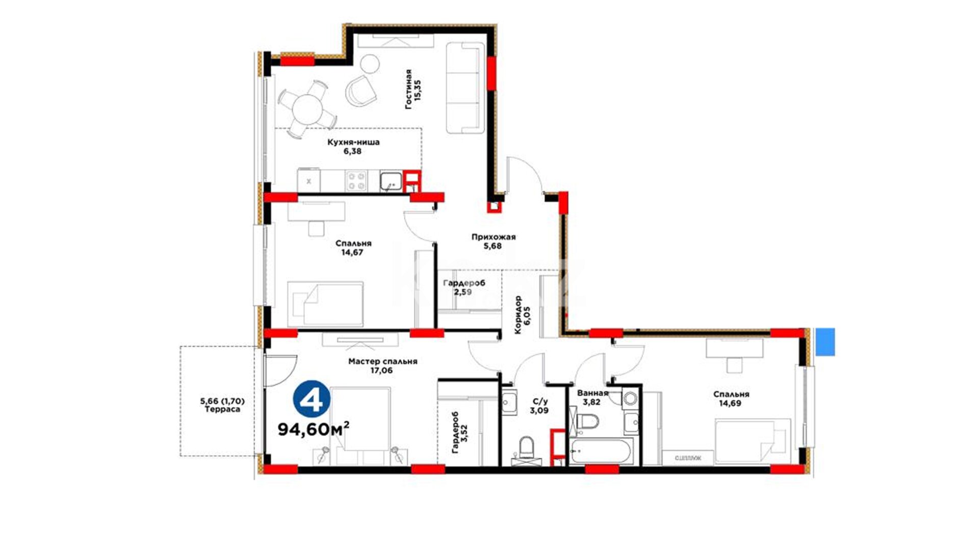 ЖК Bosaga, 4-комнатная, цена 51 084 000 ₸, 540 000 ₸&nbsp;/&nbsp;м²