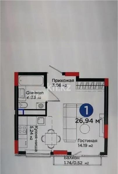 Продажа 1-комнатной квартиры, 26.94 м², пр. Туран, дом  55/16 в Астане