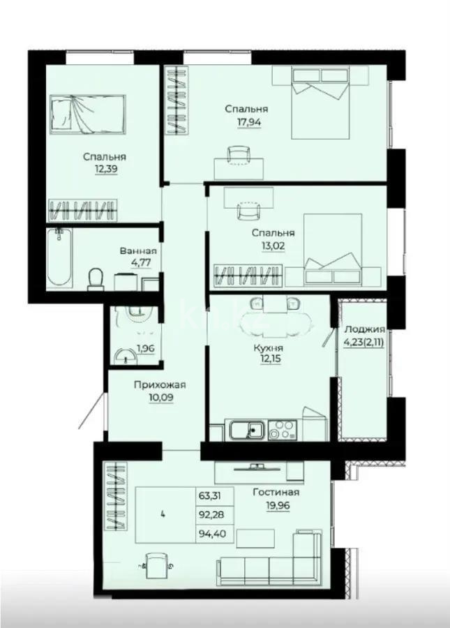 Продажа 4-комнатной квартиры, 94.8 м² в Астане