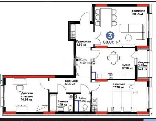 Продажа 3-комнатной квартиры, 88.8 м², ул. Анет баба, дом  8 в Астане