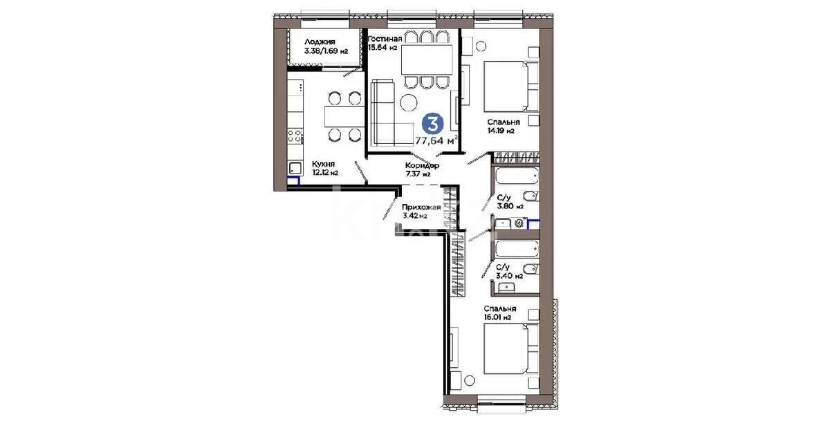 Продажа 3-комнатной квартиры, 77.6 м², пр. Улы Дала, дом  5 стр в Астане