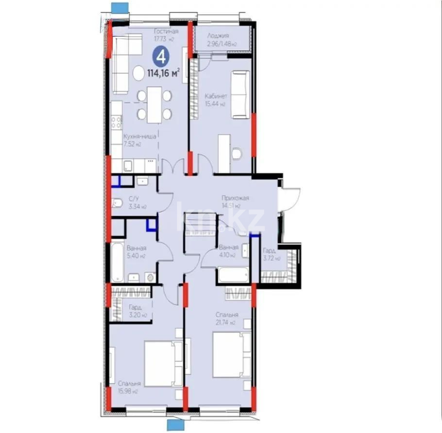 Продажа 4-комнатной квартиры, 114.16 м² в Астане