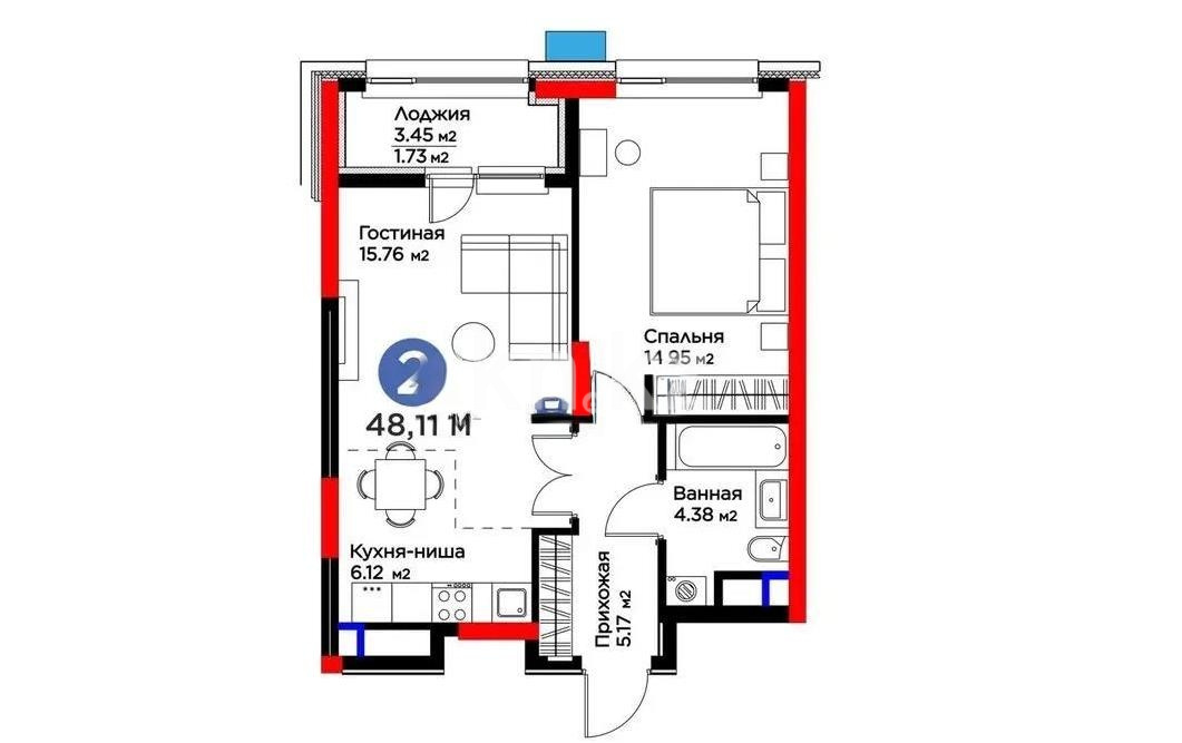 Продажа 2-комнатной квартиры, 48.11 м² в Астане