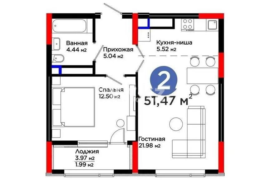 Продажа 2-комнатной квартиры, 51.47 м² в Астане