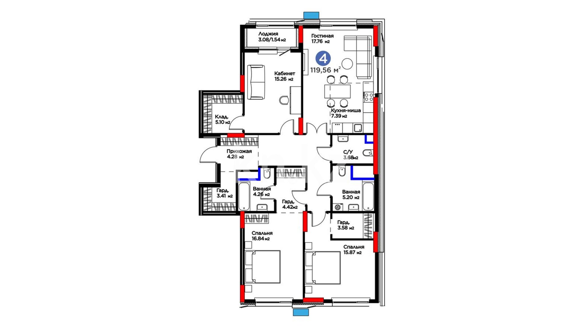 ЖК MoD. Urban, 4-комнатная, цена 76 422 752 ₸, 639 200 ₸&nbsp;/&nbsp;м²