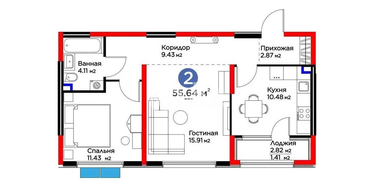 Продажа 2-комнатной квартиры, 55.64 м² в Алматы