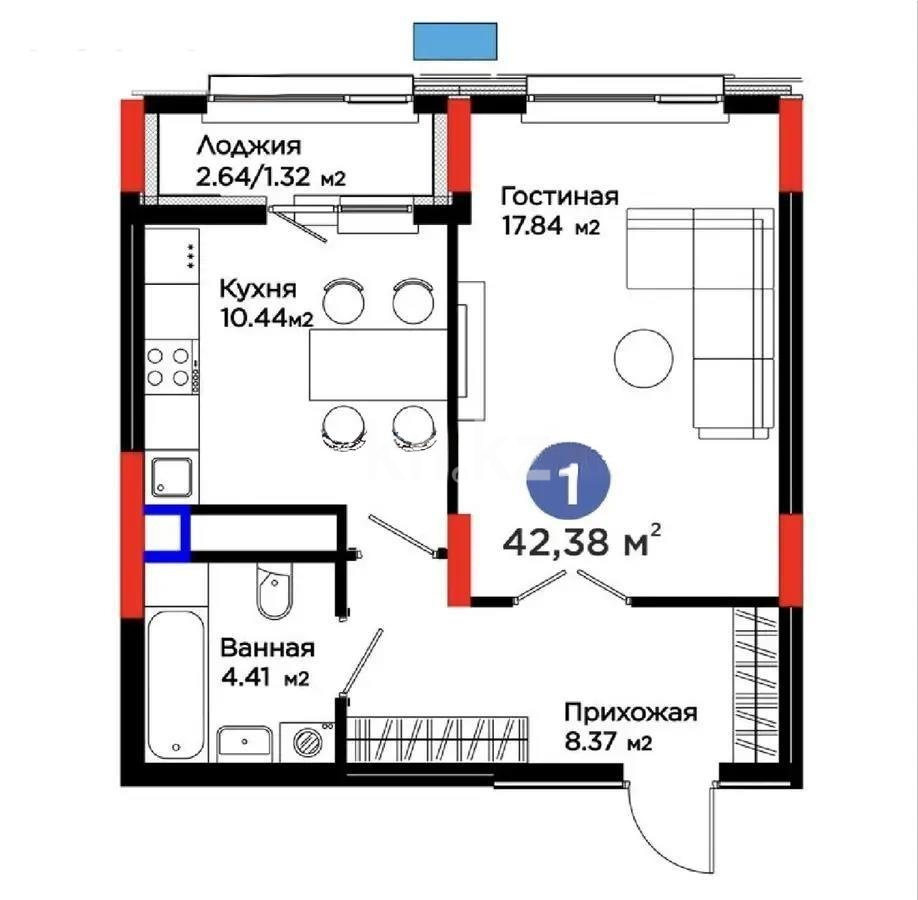 Продажа 1-комнатной квартиры, 42.4 м² в Астане