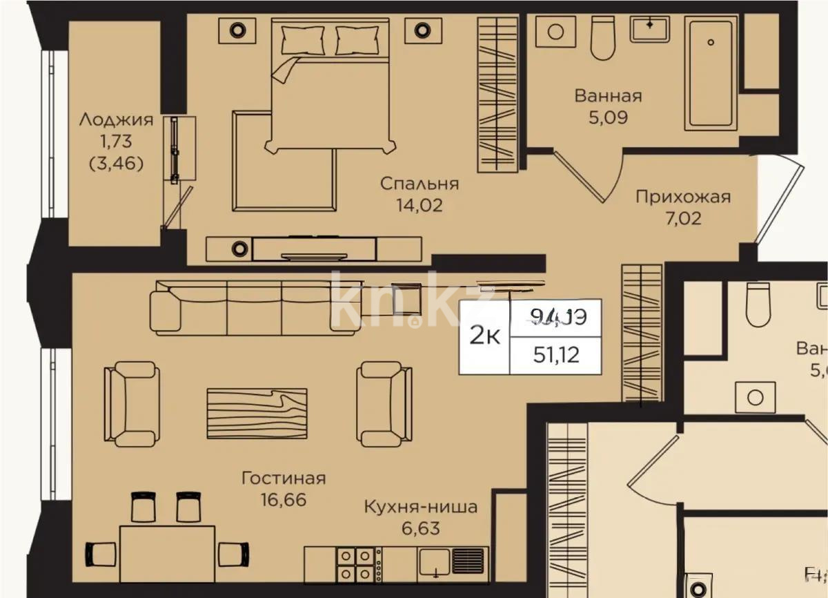 Продажа 2-комнатной квартиры, 51.12 м², пр. Кошкарбаева, дом  1 стр в Астане