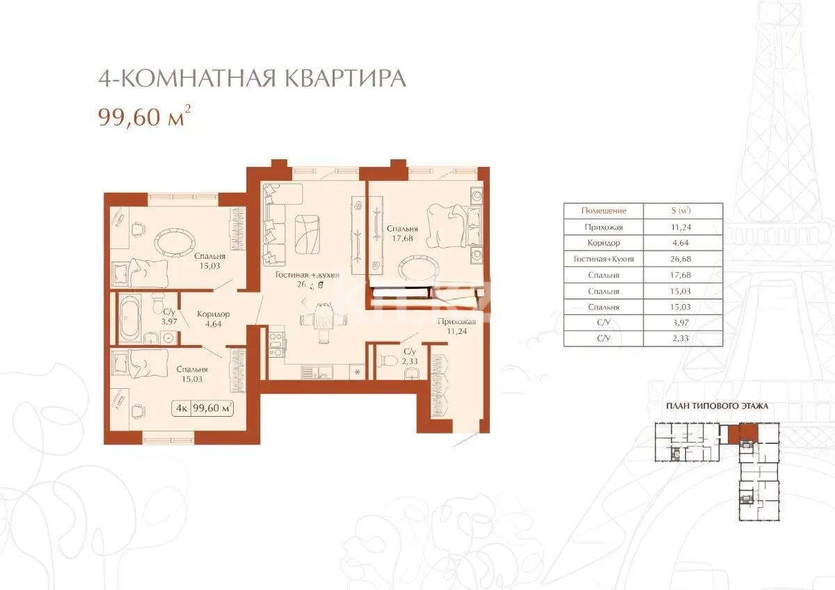 Продажа 4-комнатной квартиры, 99 м² в Караганде