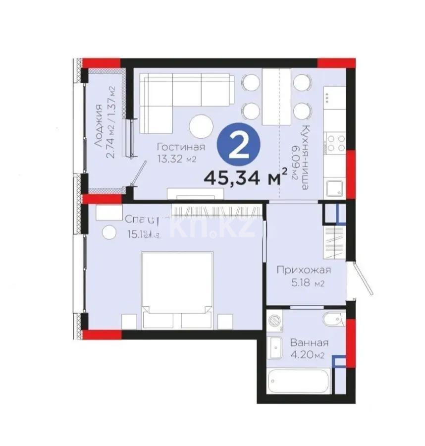 Продажа 2-комнатной квартиры, 45.34 м² в Астане
