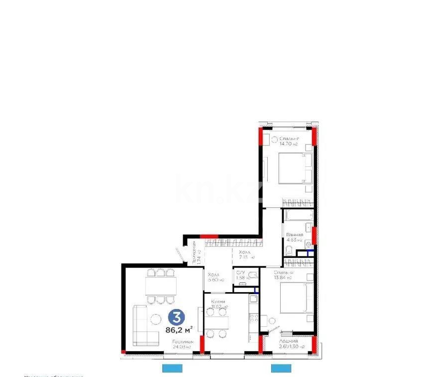 Продажа 3-комнатной квартиры, 86.2 м² в Астане